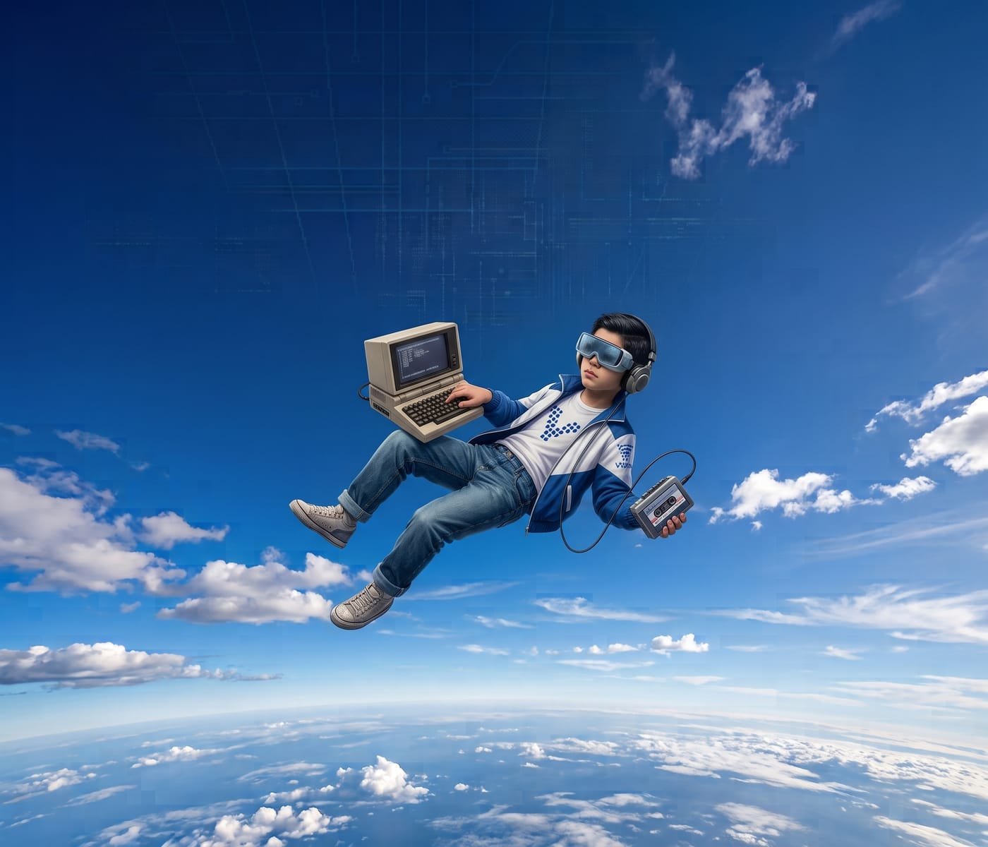 Persona flotando en el cielo con tecnología retro, con ropa de VIRA